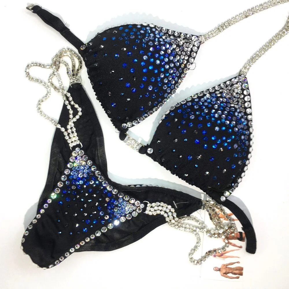 Elegant Black Competition Bikini - Blue Rain Shower Crystal Boarder
