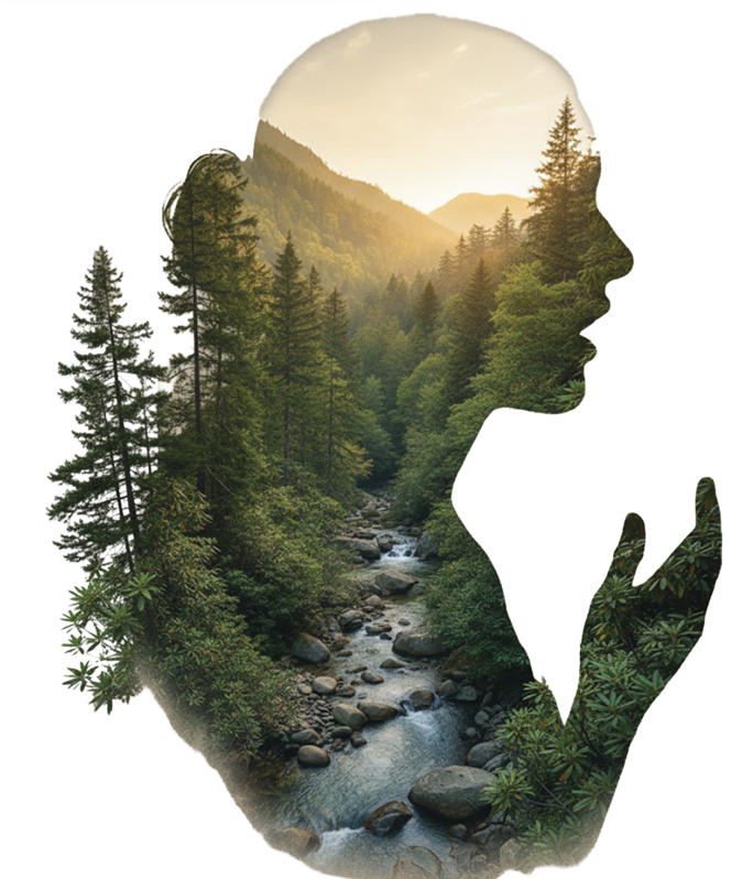 A double exposure image blending a scenic mountain stream and forest with a silhouette of a woman's face and hand.