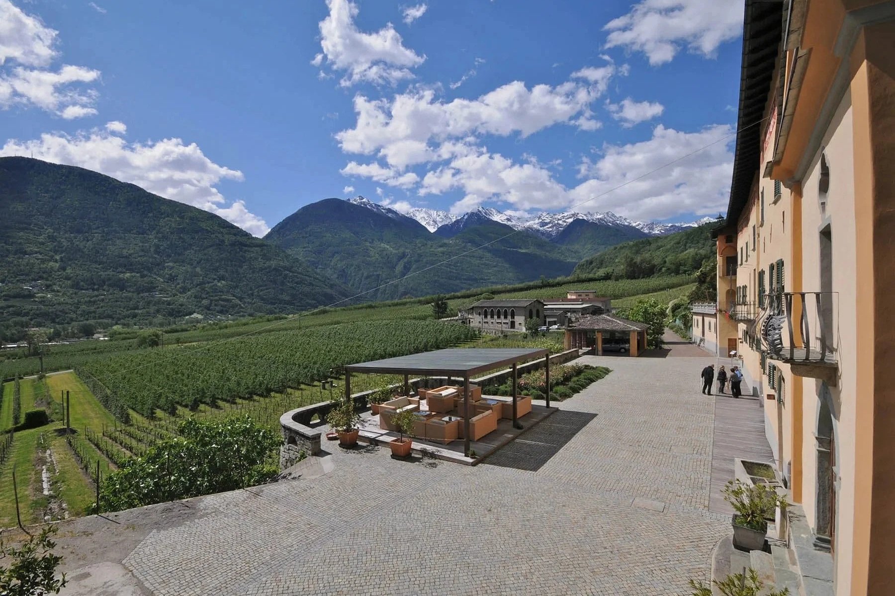 Courtyard patio at a Valtellina winery estate overlooking green terraced vineyards and snow-capped Alpine mountains.