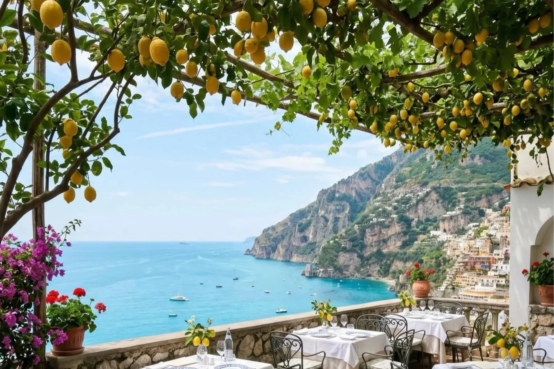 Restaurant terrace framed by lemon trees overlooking the Tyrrhenian Sea and Positano cliffs on the Amalfi Coast.