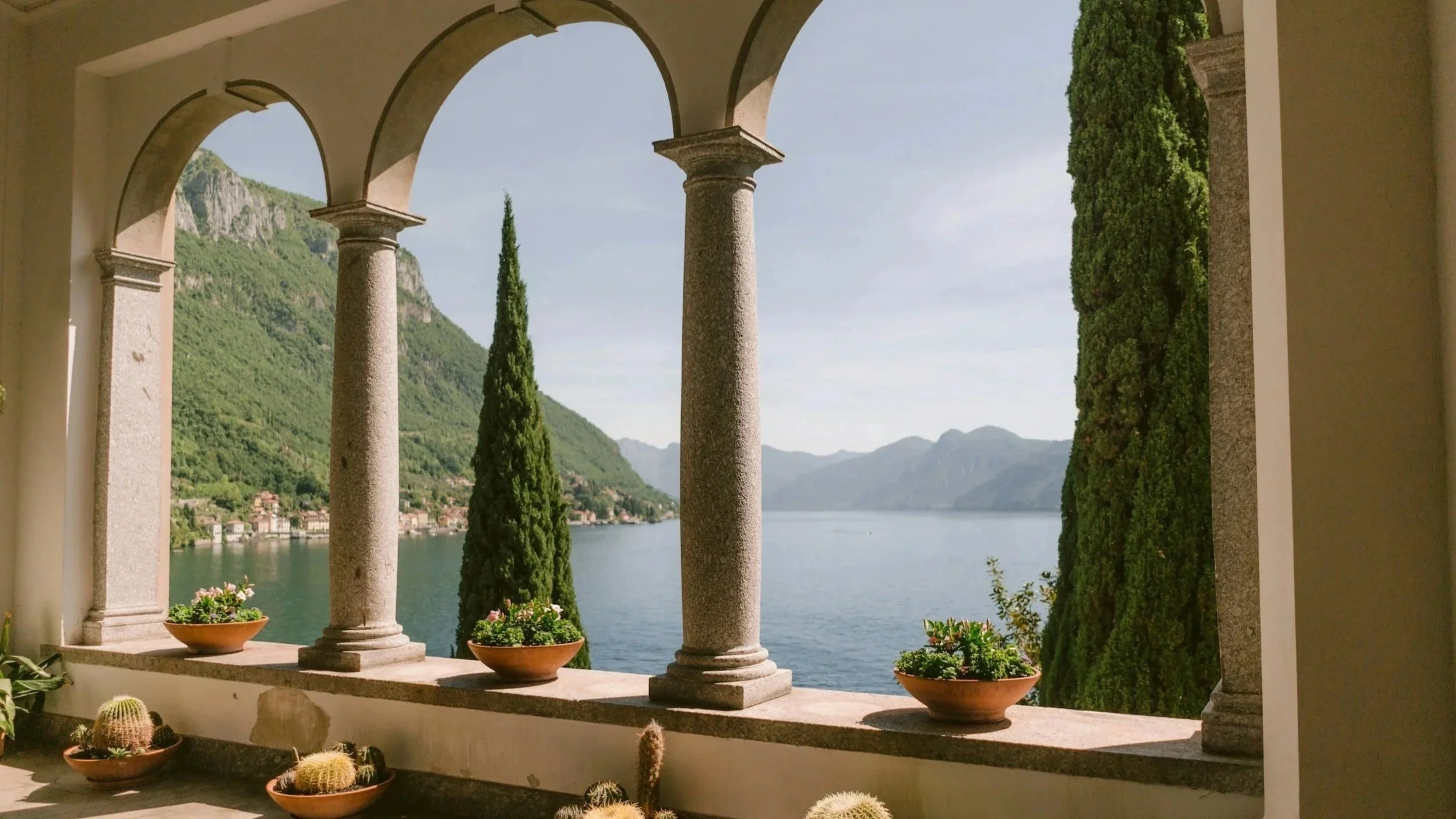 View through stone loggia arches with potted cacti of Lake Como and surrounding mountain peaks in Varenna, Italy.