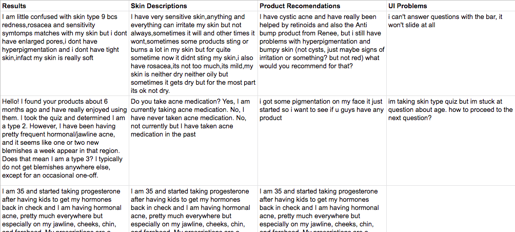 Spreadsheet of customer comments organized by concern