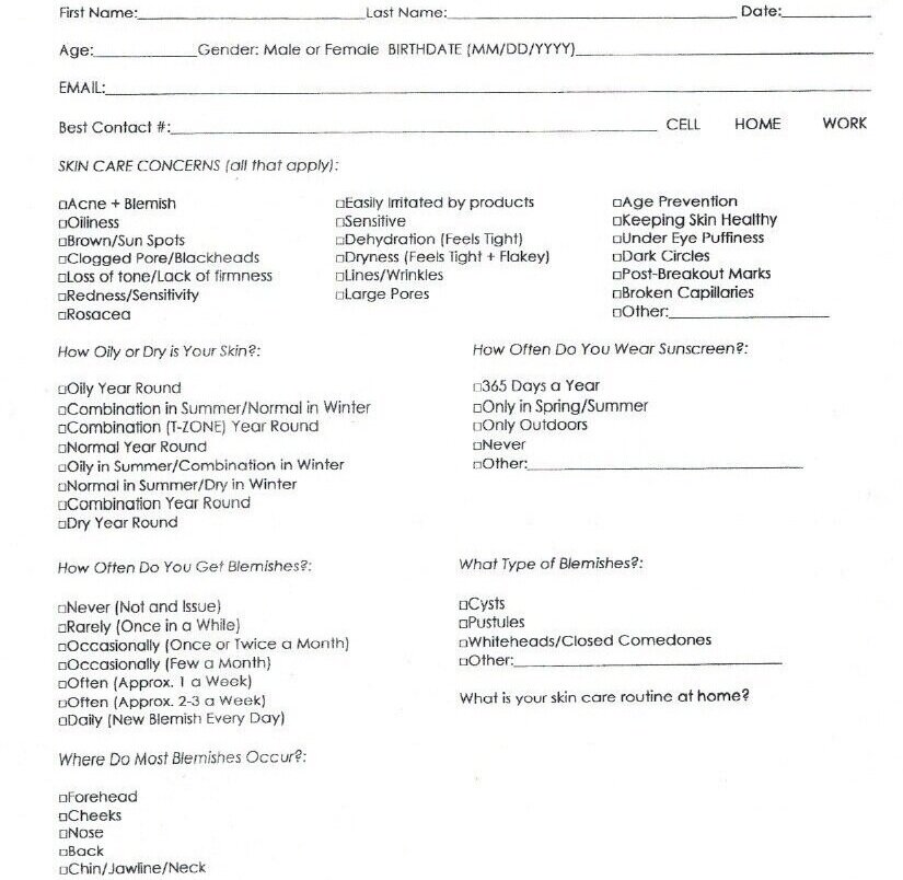 Skincare diagnostics sheet for face to face consultations