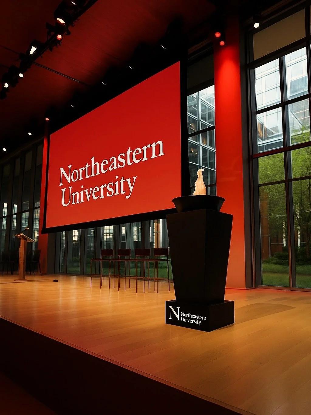An auditorium stage at Northeastern University with a large red screen displaying the university's name, a podium with the university logo, and four chairs on stage, with large windows and modern architecture in the background.