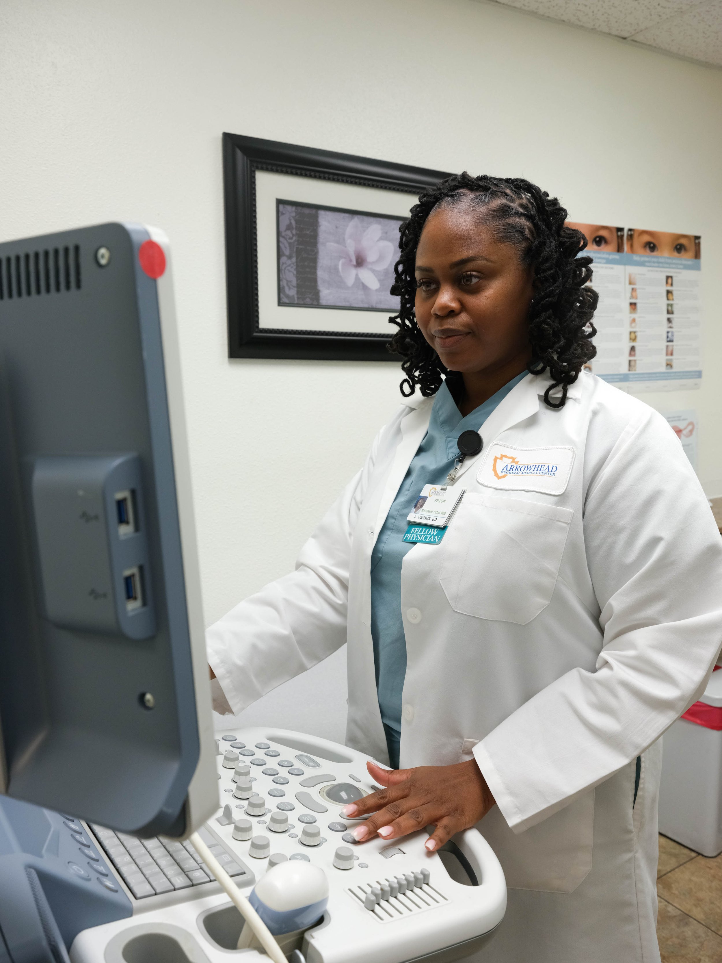  Dr. Coleman works the computer that she uses to perform patient ultrasounds on February 2, 2022.  Coleman is an Obstetrician and is currently training as a fellow at Arrowhead Regional Medical Center to become a high risk specialist. Her experience 