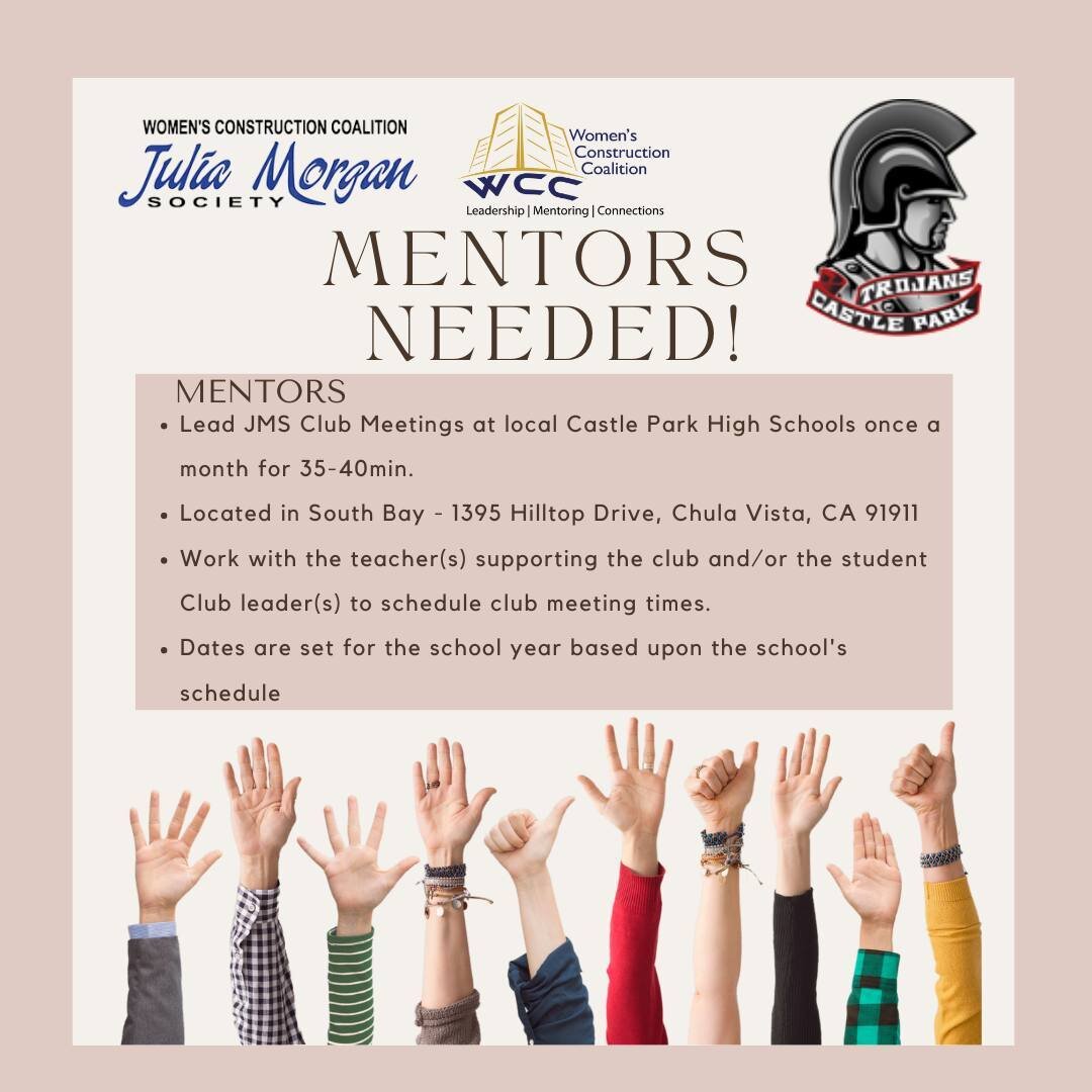 🗣🤚🙋&zwj;♀️Calling all WCC Members, Julia Morgan Society needs your help. 
We are in need of mentors to guide and support our current guest speakers and are looking to fill two spots at CastlePark High School. 
The two dates to fill out are: 
Janua