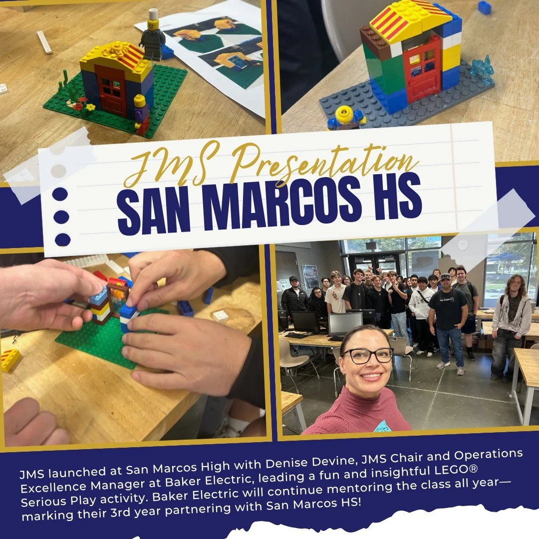 🏗 San Marcos High kicked off their JMS chapter with Denise Devine, JMS Chair and Operations Excellence Manager at Baker Electric, leading an engaging introduction to the construction industry and a hands-on LEGO&reg; Serious Play activity exploring 