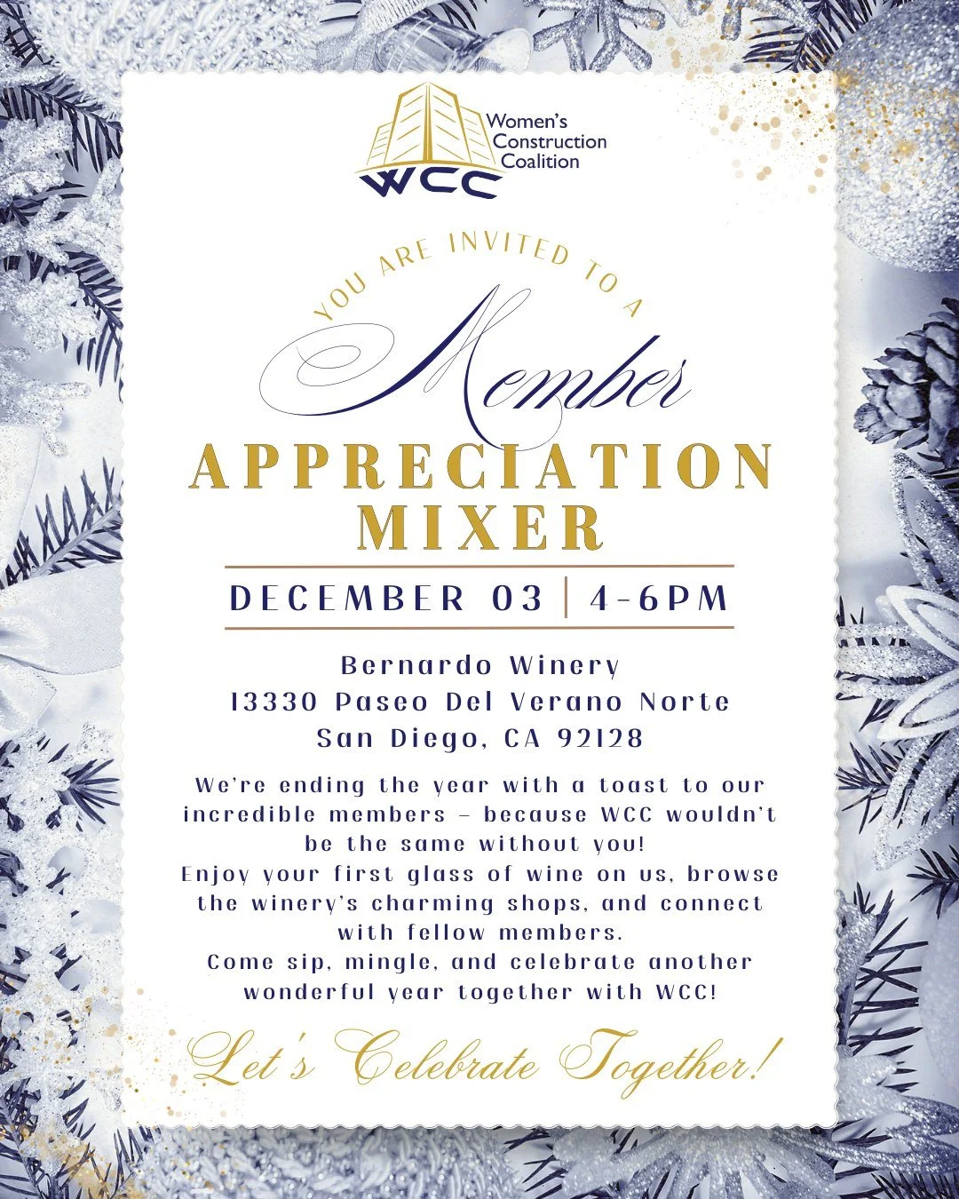🎉 Cheers to YOU, WCC members! 🍷 We&rsquo;re ending the year with a toast to our incredible community &mdash; because WCC wouldn&rsquo;t be the same without you! 💜 📍 Bernardo Winery &ndash; 13330 Paseo Del Verano Norte, San Diego 📅 December 3 | 4