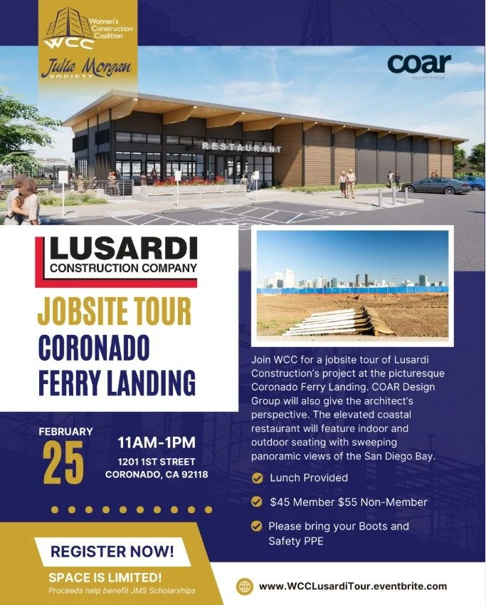 Join us for the Lusardi Construction Company Jobsite Tour at Coronado Ferry Landing.🏗️
Connect with industry professionals, gain project insight from COAR Design Group, and support JMS Scholarships.
Spots are limited, register now!

#WCC #WCCSanDieg