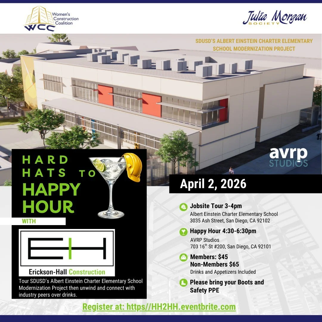 👷&zwj;♀️🍻 Hard Hats to Happy Hour 🍻👷&zwj;♀️ Join WCC and Erickson-Hall Construction for a jobsite tour followed by a networking happy hour! Get an inside look at SDUSD&rsquo;s Albert Einstein Charter Elementary School Modernization Project, then 