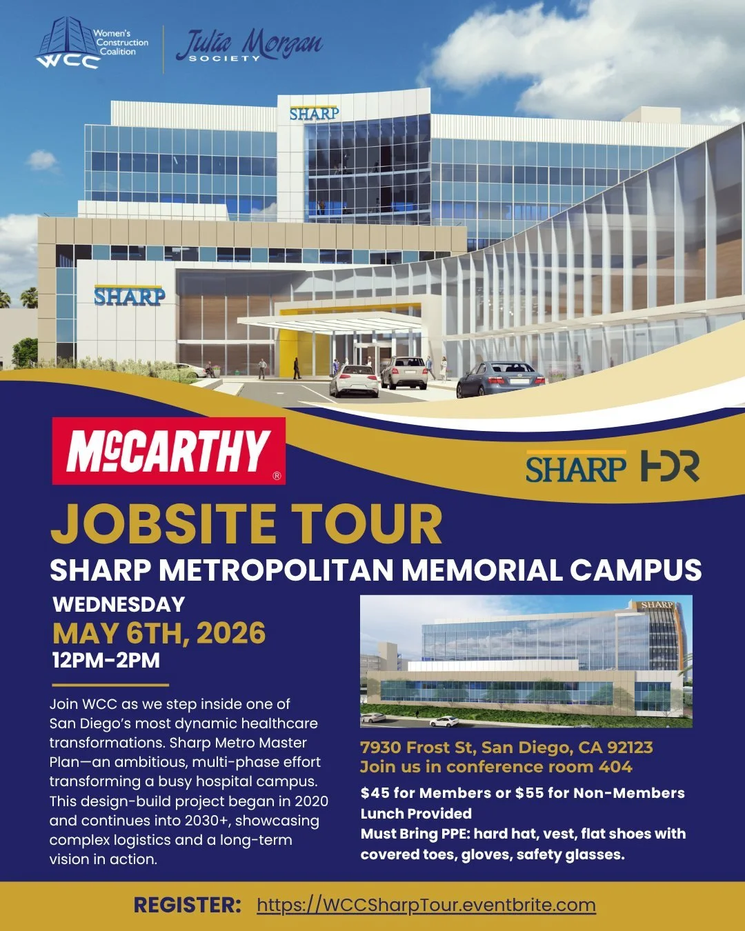 🚧 Tickets going fast! Jobsite Tour with McCarthy: Sharp Metropolitan Memorial Campus 🚧 Join WCC as we go behind the scenes of this transformative healthcare project and experience the Sharp Metropolitan Medical Campus Master Plan up close! 📅 Wedne