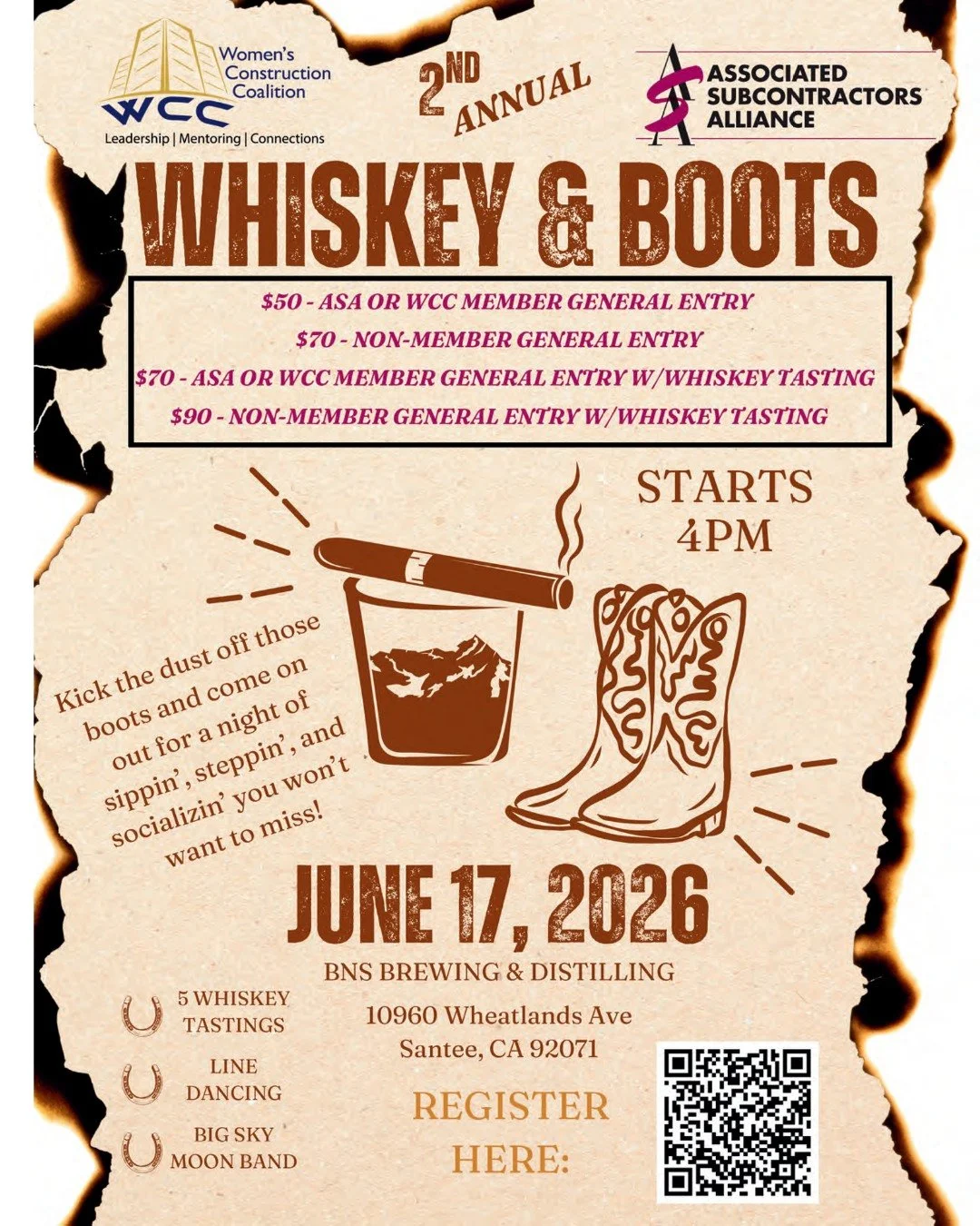 🥃 Grab Your Hard Hats &amp; Dust Off Those Boots! 👢 ASA and WCC are teaming up for a high-spirited evening where construction meets country at our Whiskey &amp; Boots event! � 📅 Wednesday, June 17, 2026 🕓 4:00 PM &ndash; 8:00 PM 📍 BNS Brewing &a