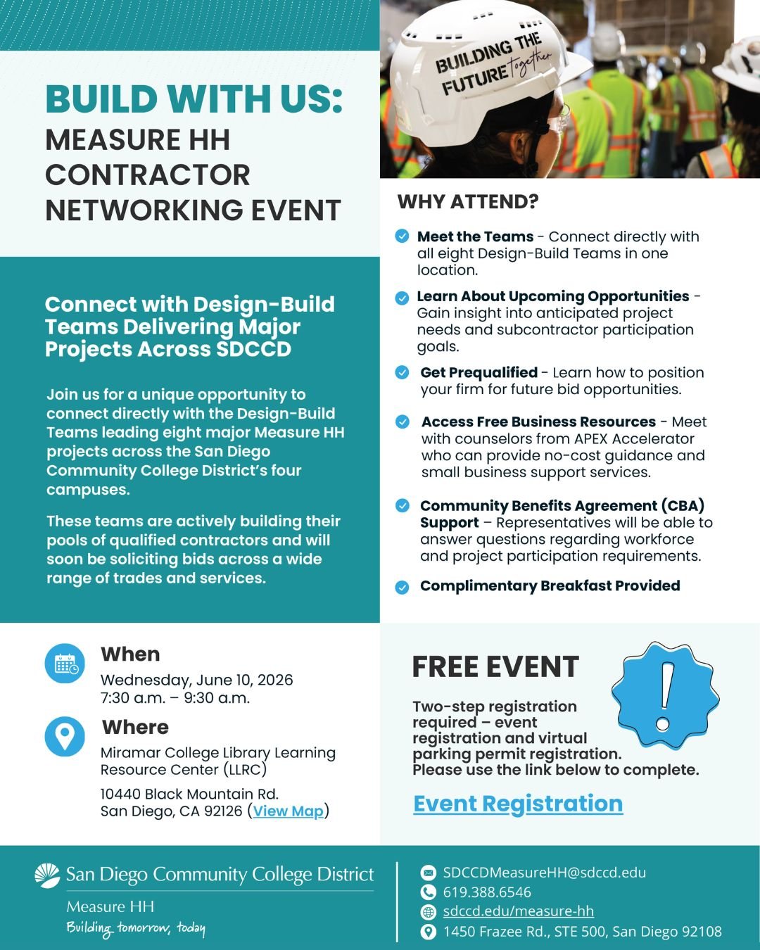 📢 Industry Opportunity Alert! Looking to connect with Design-Build teams and learn about upcoming construction opportunities? Join the San Diego Community College District's FREE Measure HH Design-Build Contractor Networking Event on June 10. Meet r