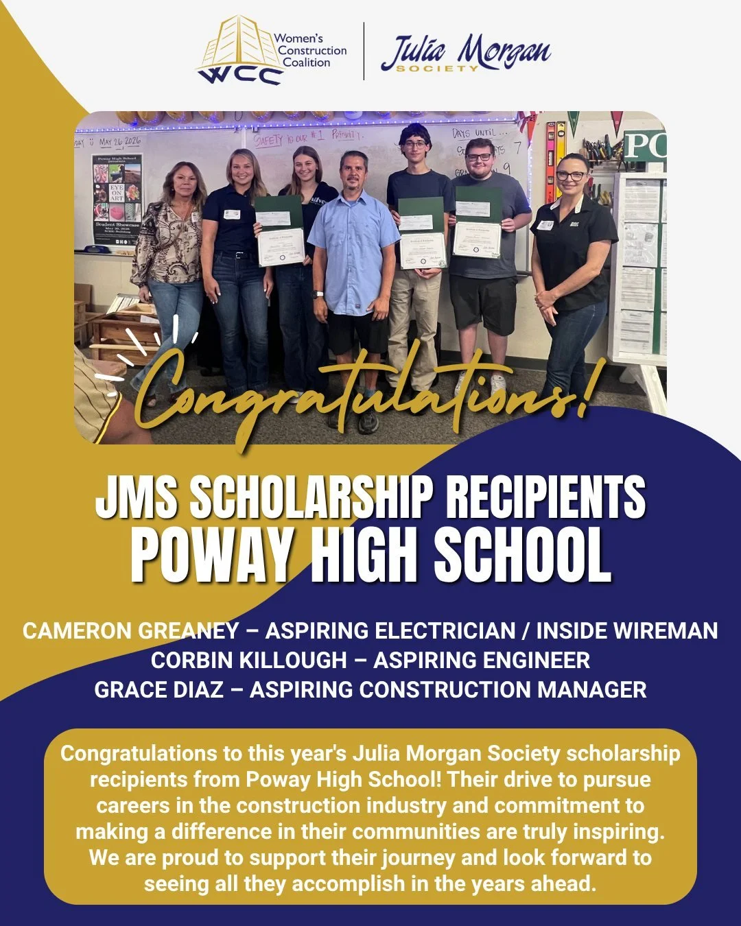 🎓 Recognizing Our Poway High School JMS Scholarship Winners! The Julia Morgan Society (JMS) proudly awarded scholarships to three exceptional students from Poway High School who are preparing for careers in the construction industry: ⚡ Cameron Grean