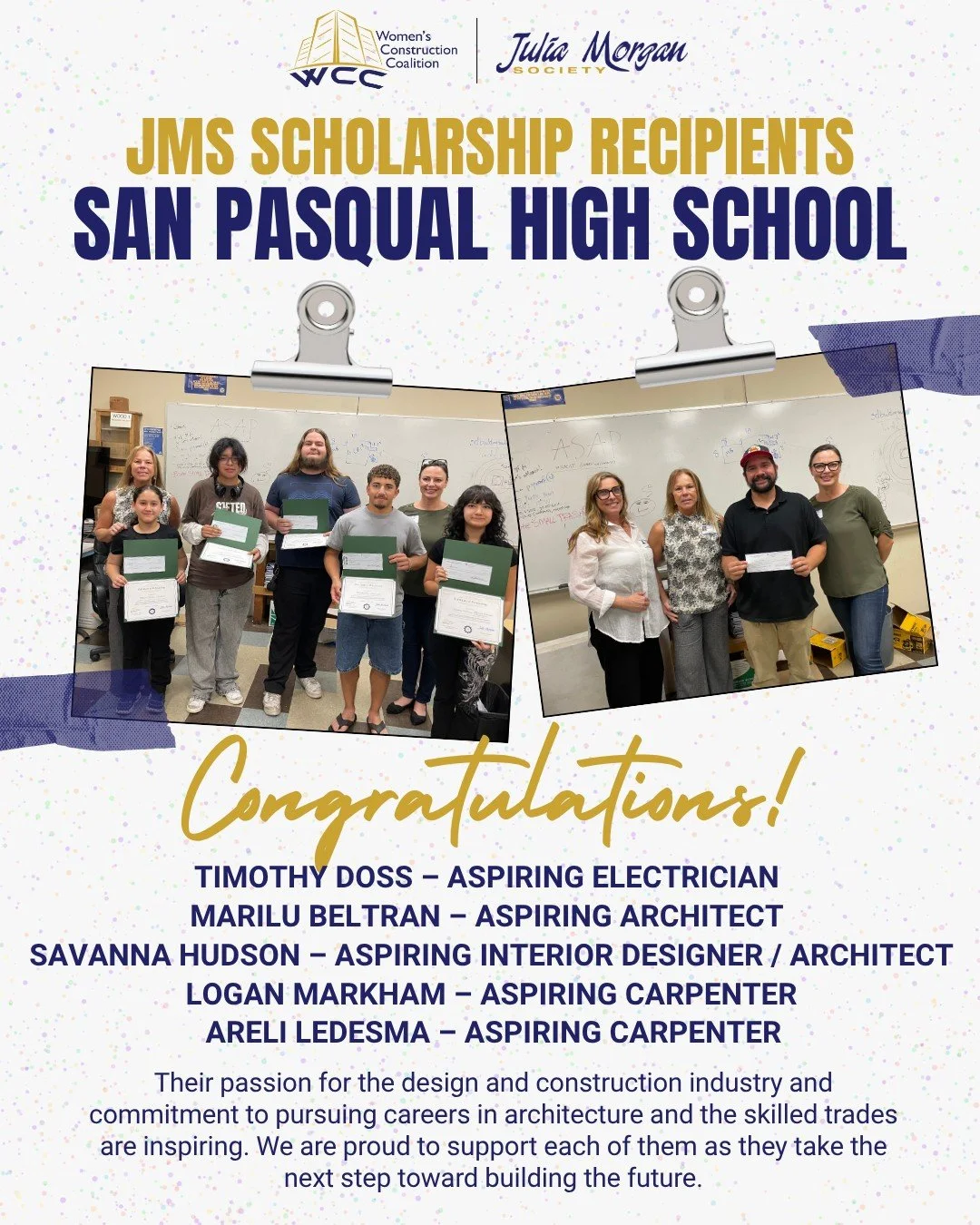 San Pasqual High School 🎓 Celebrating Our San Pasqual High School JMS Scholarship Winners! The Julia Morgan Society (JMS) was honored to award scholarships to five outstanding students pursuing careers in the design and construction industry: 🔹 Tim