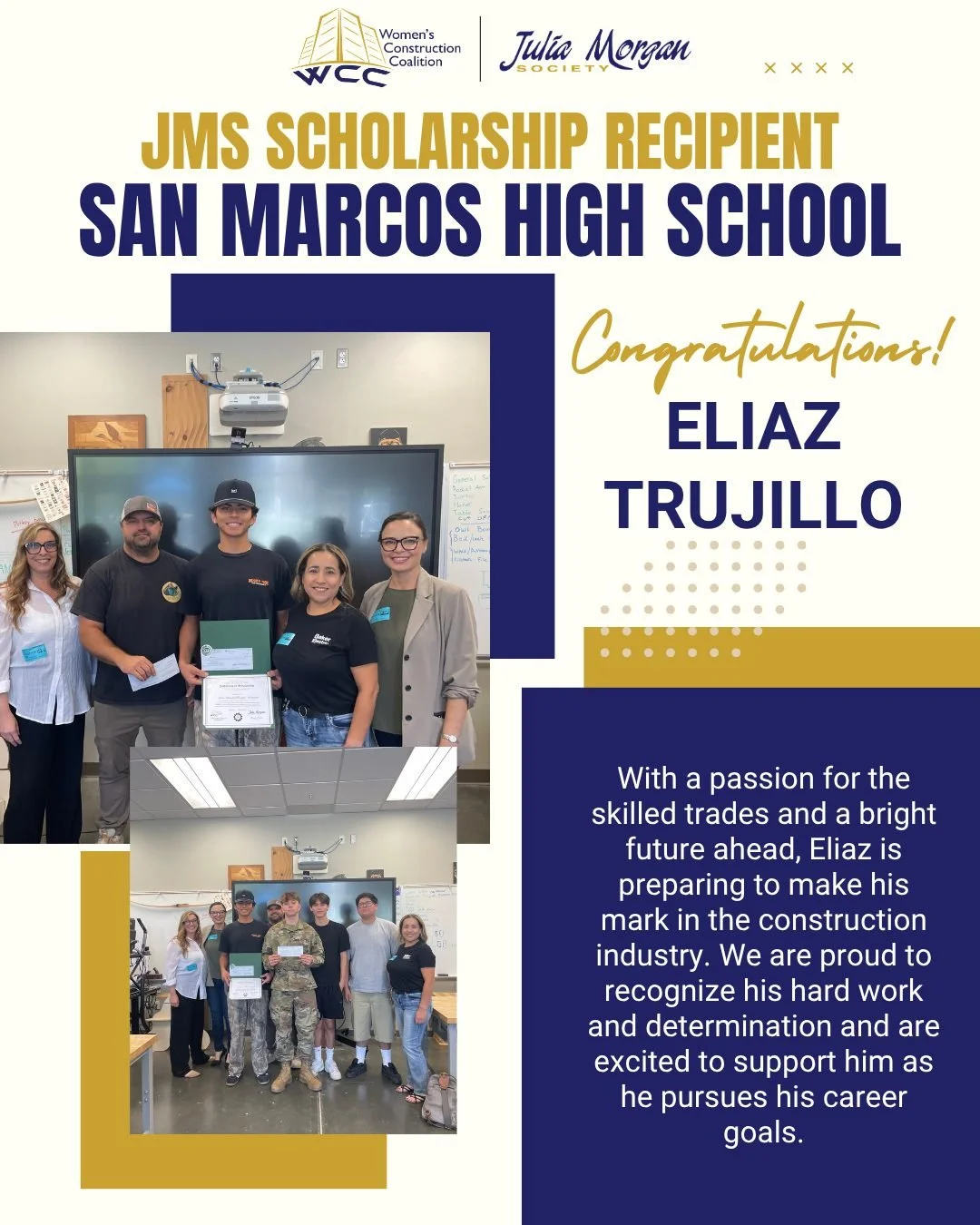 🎓 Congratulations to our San Marcos High School JMS Scholarship Recipient! The Julia Morgan Society (JMS) was proud to award a scholarship to Eliaz Trujillo, who plans to pursue a career as a Tradesman in the construction industry. Programs like JMS
