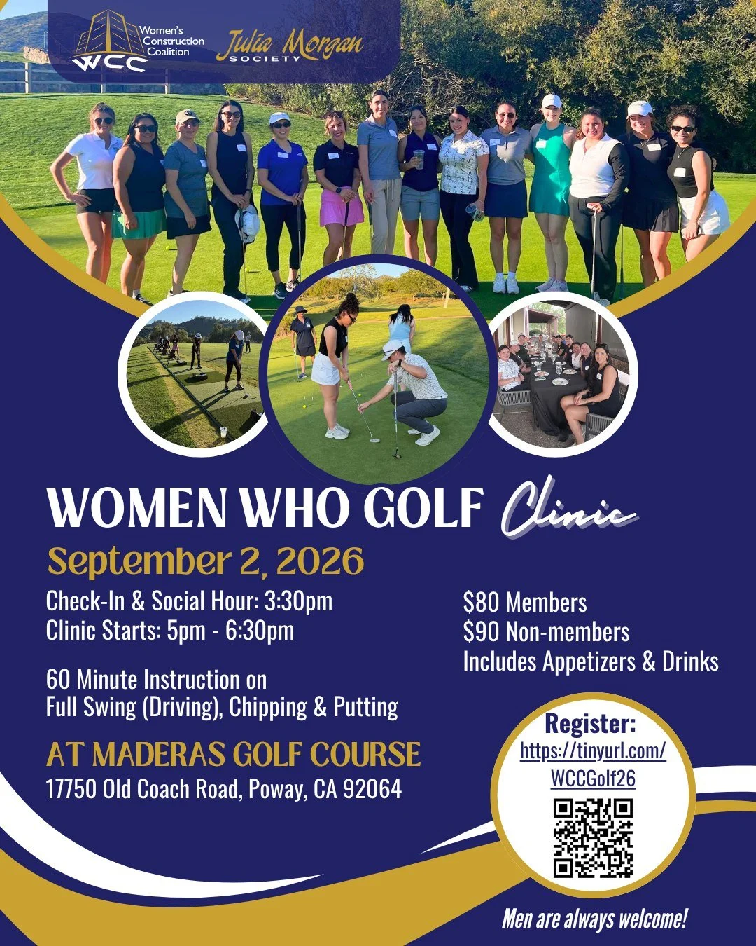 Swing Into Your Best Game! ⛳ Ready to get tournament ready? Join WCC's Women Who Golf Clinic for an afternoon of instruction, networking, and fun at beautiful Maderas Golf Club! Men are always welcome! Whether you're new to golf or looking to sharpen