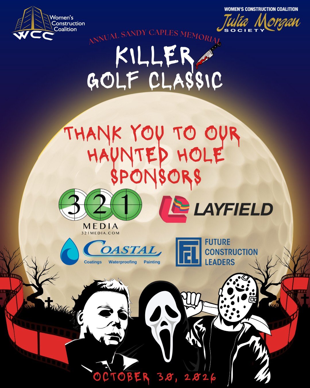 👻 THERE&rsquo;S SOMETHING SPOOKY ON THE COURSE&hellip; MEET OUR HAUNTED HOLE SPONSORS! 🎃 A frightfully BIG thank-you to 321 Media, Layfield, Coastal CW, and FCL (Future Construction Leaders) for sponsoring a Haunted Hole at WCC&rsquo;s Killer Golf 