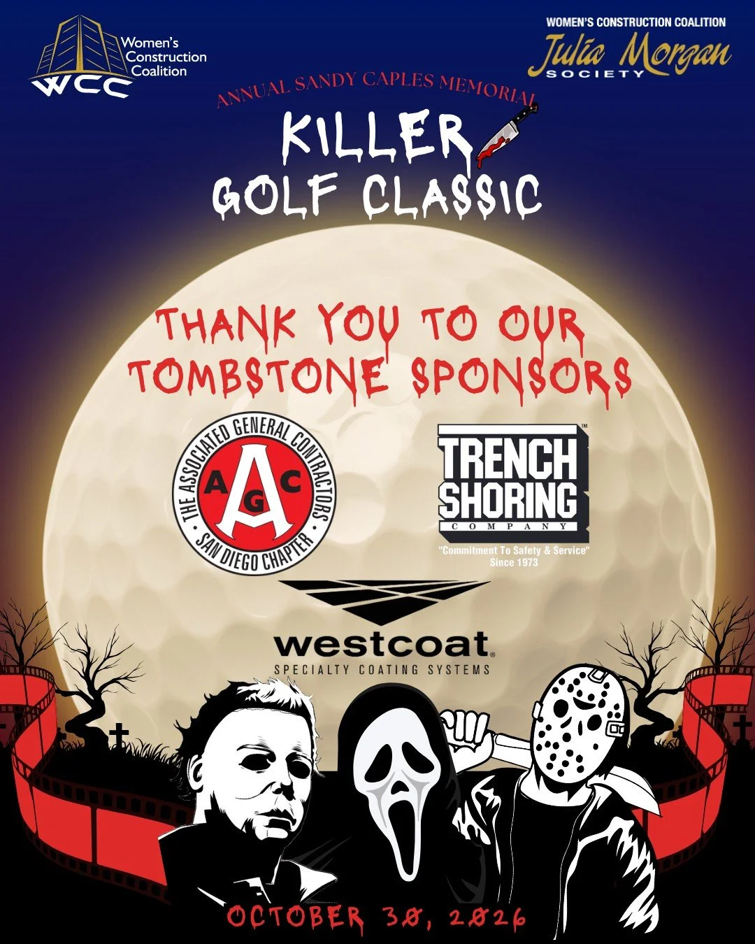 🪦 CARVING THEIR NAMES INTO KILLER GOLF CLASSIC HISTORY! 🎃 A hauntingly HUGE thank-you to our Tombstone Sponsors &mdash; AGC San Diego, Trench Shoring Company, and Westcoat! 🖤 Your support helps bring WCC&rsquo;s 4th Annual Sandy Caples Memorial Ki
