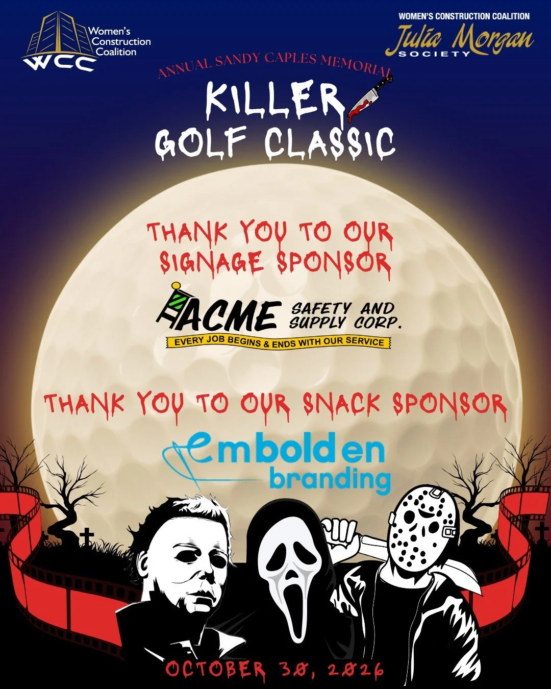 🎃 THESE SPONSORS ARE A TREAT, NOT A TRICK! 👻 A huge THANK YOU to Acme Safety and Supply and Embolden Branding for supporting WCC&rsquo;s 4th Annual Sandy Caples Memorial Killer Golf Classic as our Signage Sponsor and Snack Sponsor! 🖤 Your generosi