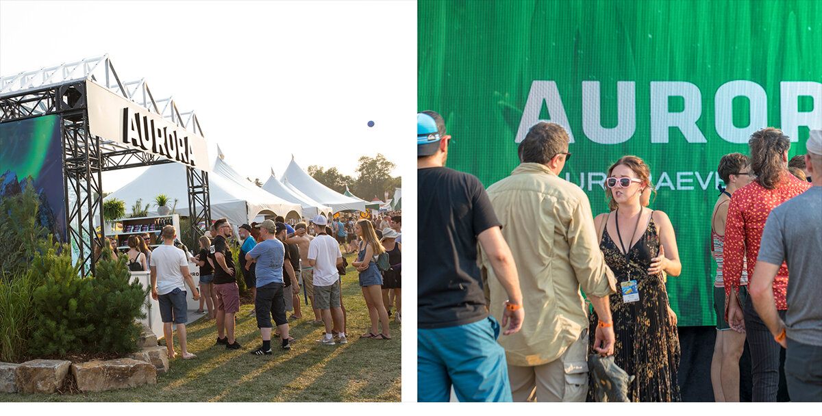 Brand ambassadors chatting with people at the brand activation for Aurora Cannabis at a festival in Alberta, Canada