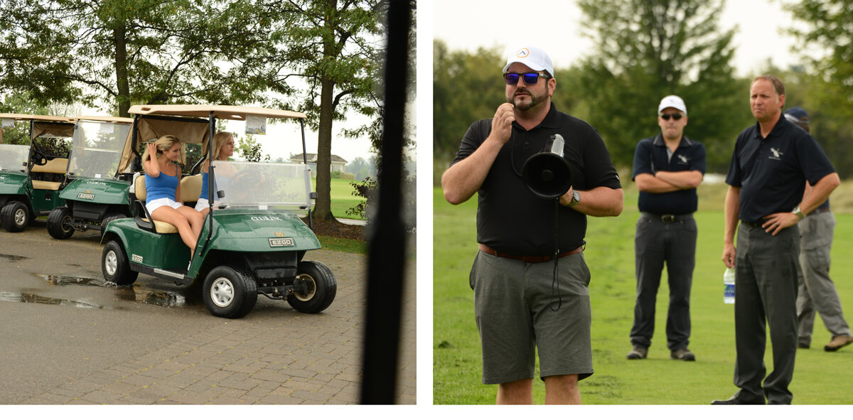 2 brand ambassadors in a green golf cart and 1 on-site Marshall addressing the golfers at the event. 