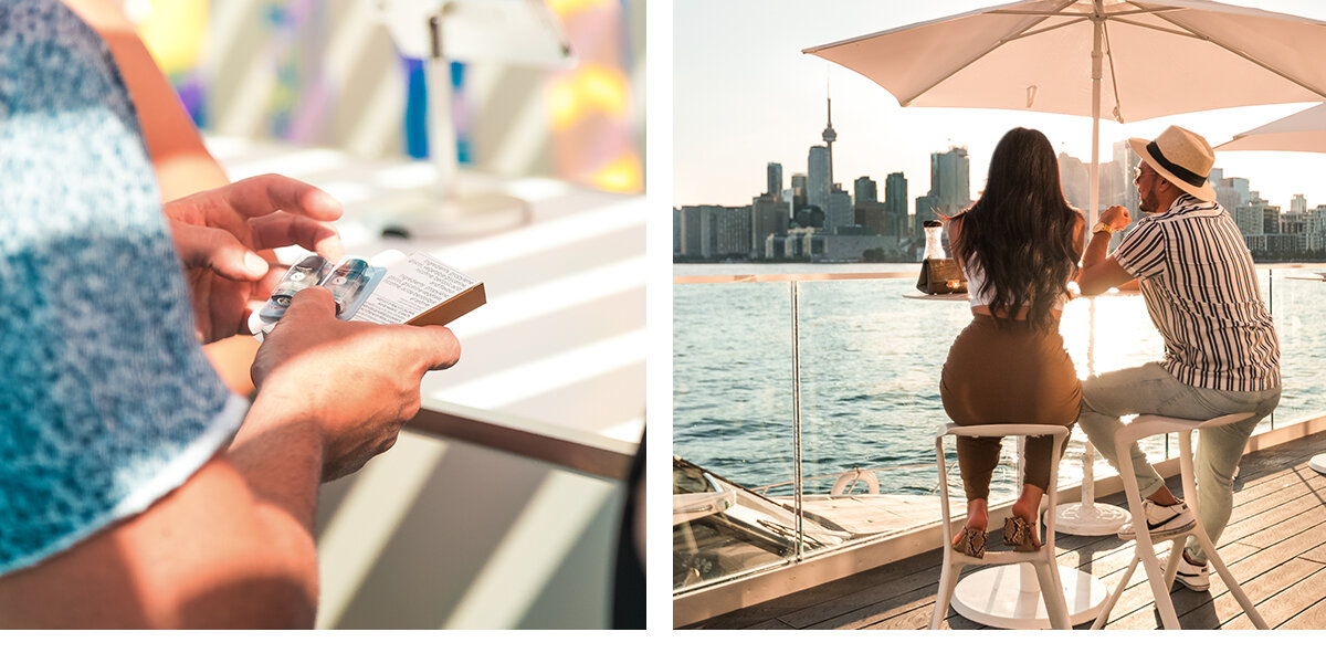 A couple dressed in trendy summer clothes, enjoying the skyline view of downtown Toronto from the brand activation at the Cabana Pool Bar