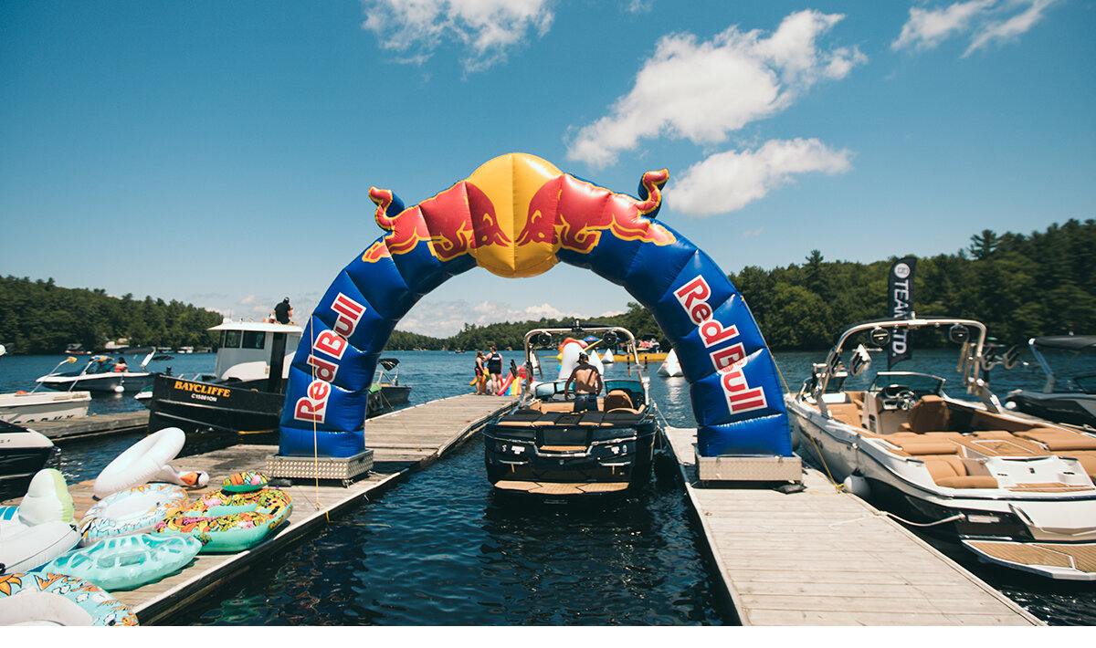 Iconic Red Bull arch located on the docks at the SWS Boatworks Marina in Muskoka, Ontario for Red Bull Open Water brand activation.