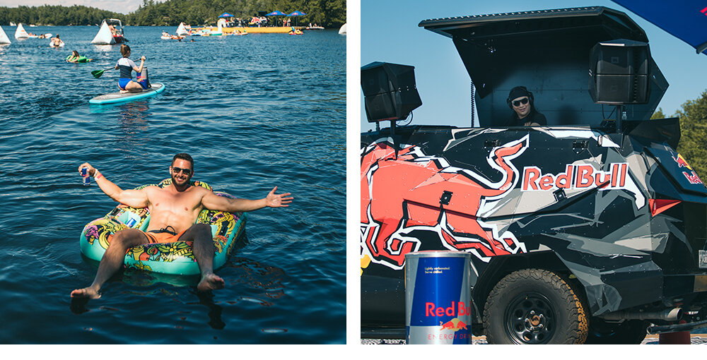 Red Bull DJing on barge in the middle of the lake at the Red Bull Open water brand activation 