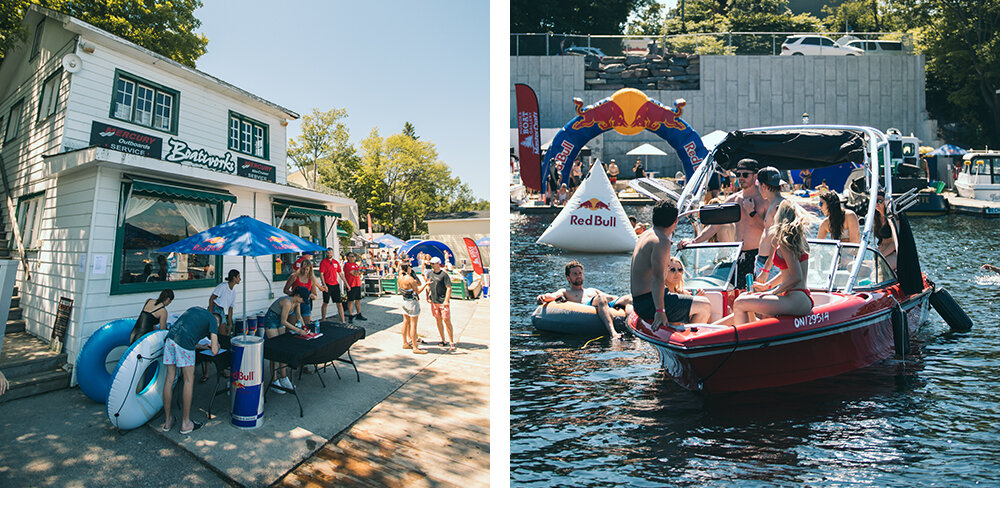 7 people on a boat at Red Bull Open Water brand activation in Muskoka, Ontario 