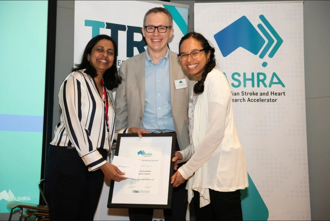 Congratulations to Dr. Leila Reyes who was awarded Best Poster for the category ‘Drugs/Therapeutics’ at the 2024 Australian Stroke and Heart Research Accelerator (ASHRA) Annual Partnering Summit.
