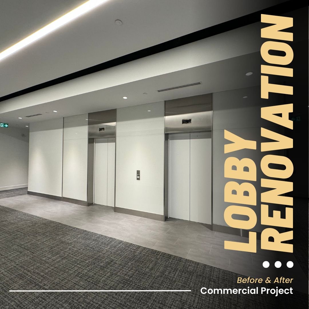 Office building lobby renovation with before and after shots. We've revamped this entry space into a modern, welcoming area that leaves a lasting impression on everyone who walks through the doors. 

#LobbyMakeover #OfficeDesign #RenovationGoals