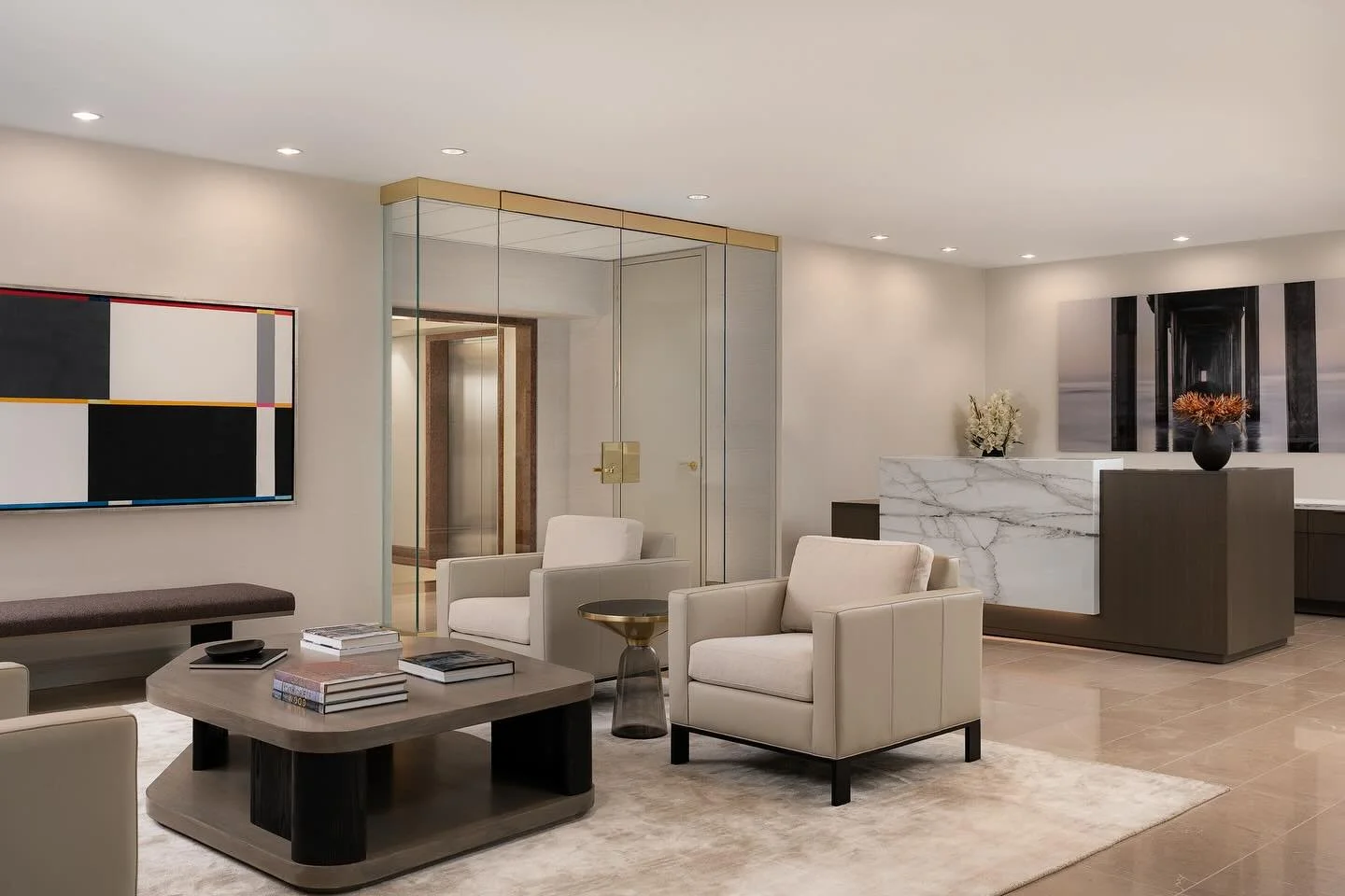 This welcoming spacious waiting area sets the tone for the entire office. It is elegant and calm.

Every element was selected to reflect the brands identity and create a space where both clients and staff feel at ease. 

Stay tuned for more spaces fr