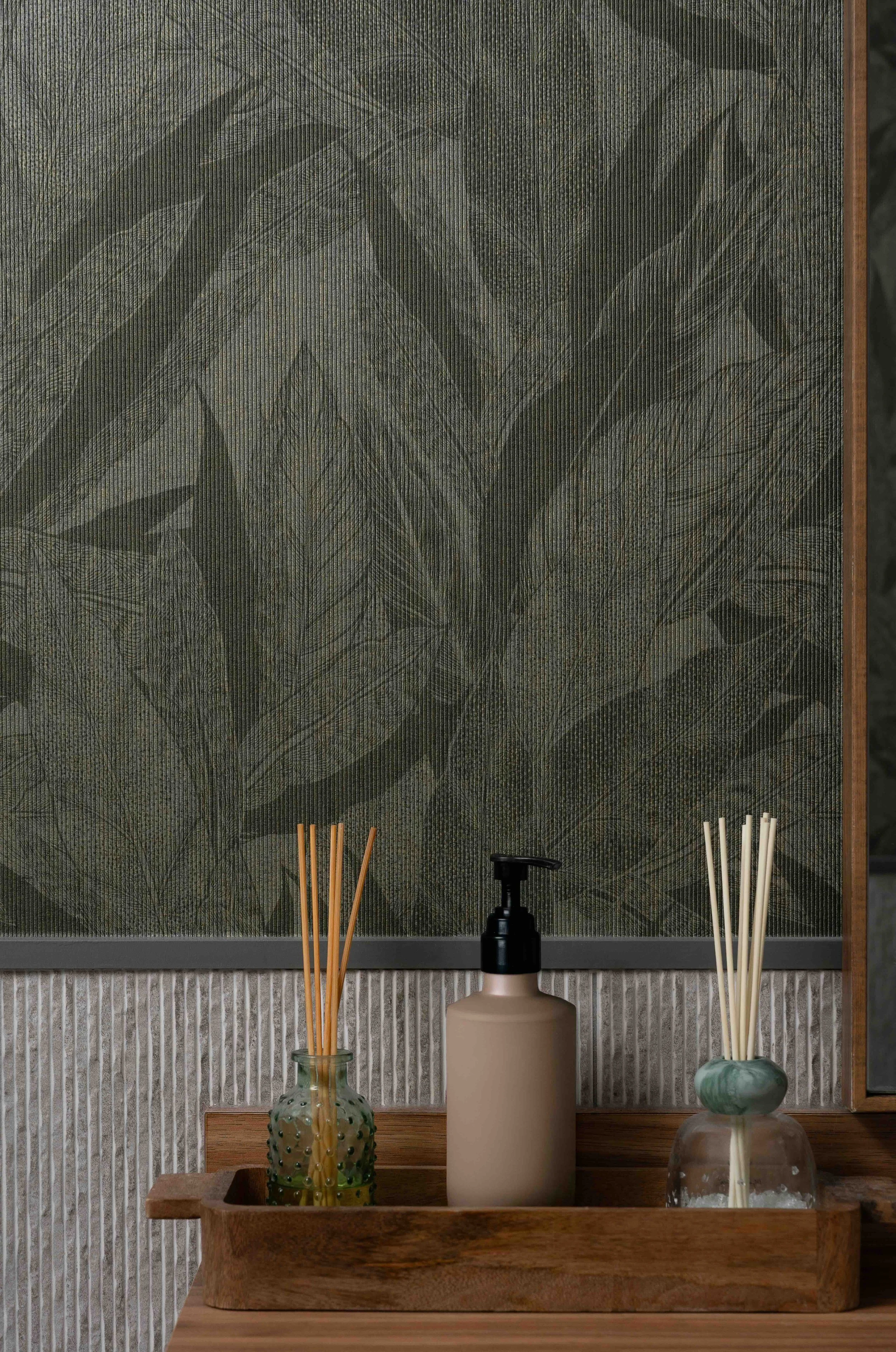Cafe washroom interior detail with textured botanical wall and styled accessories