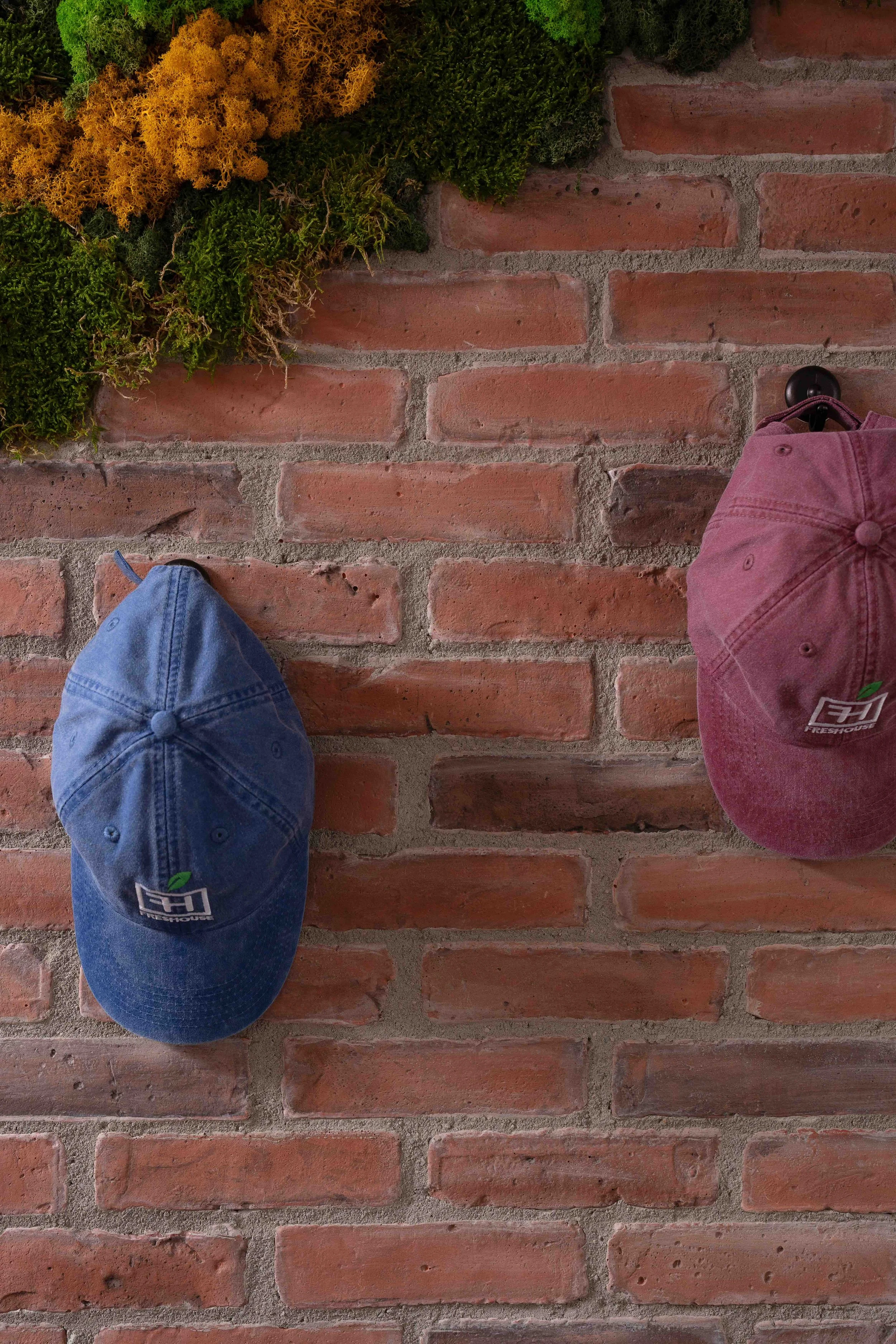 Exposed brick wall detail with custom decor and moss feature