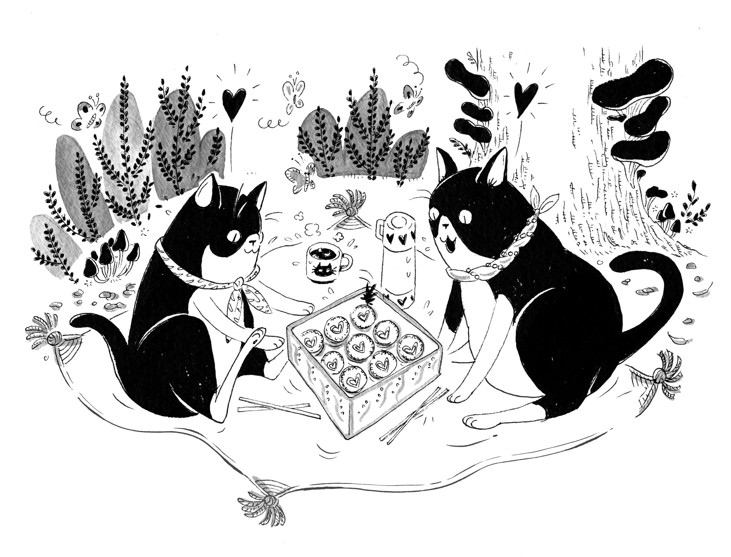 Two tuxedo cats at a picic in the woods sharing Kimbap, Korean lunch box.