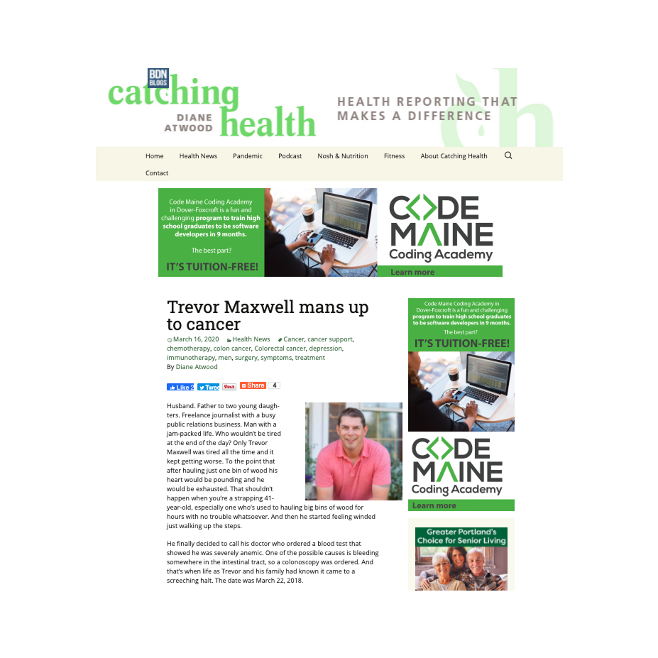 Screenshot of the "Catching Health with Diane Atwood" blog featuring an article titled "Trevor Maxwell mans up to cancer."
