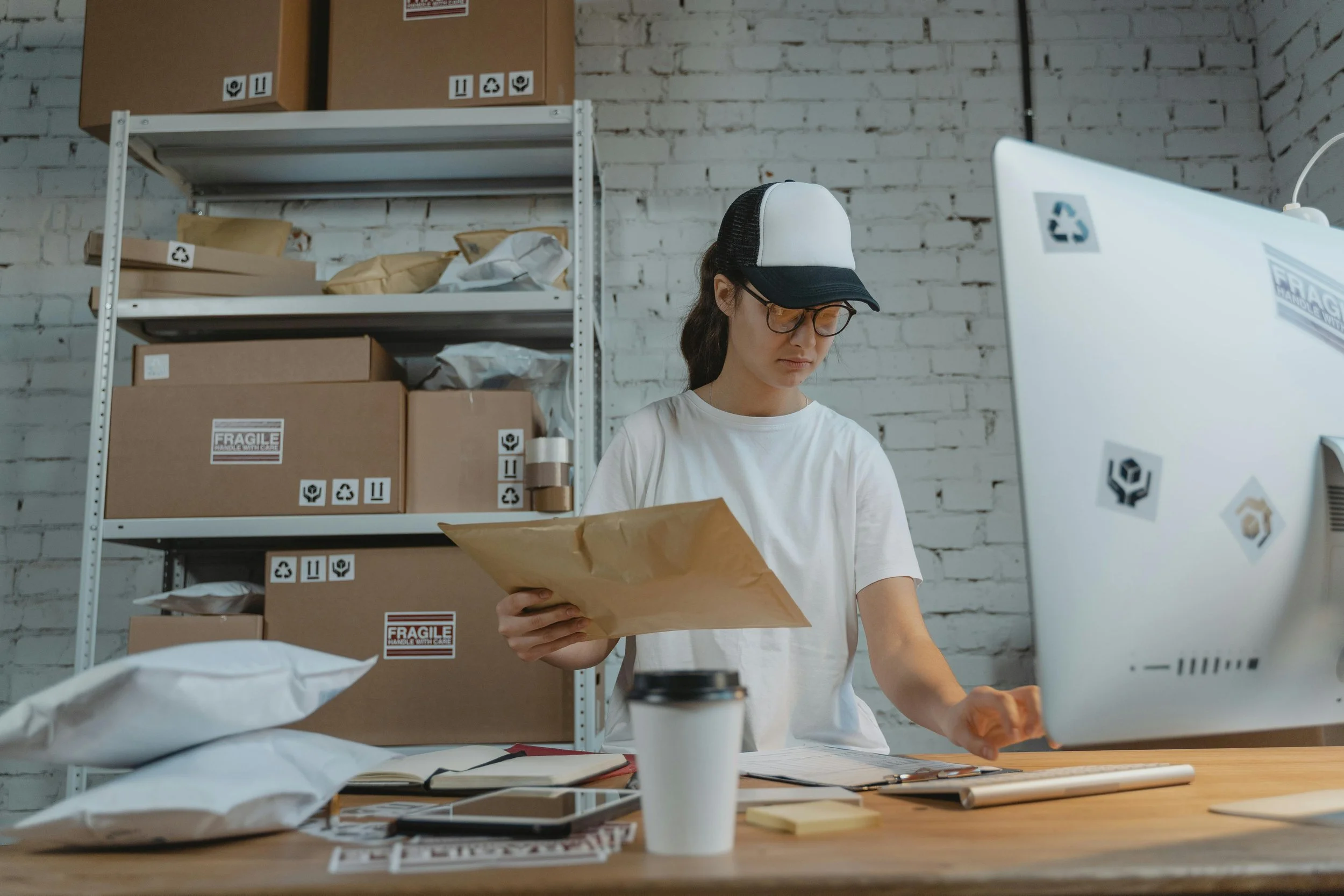 Person in a cap and glasses examining a padded envelope at a workspace surrounded by shipping boxes.