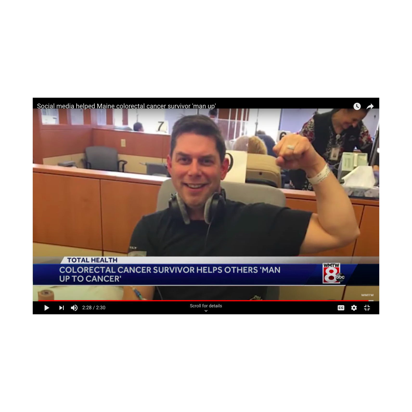 Video thumbnail of a news segment titled "Colorectal cancer survivor helps others 'man up to cancer,'" showing Trevor Maxwell flexing his arm at a desk.