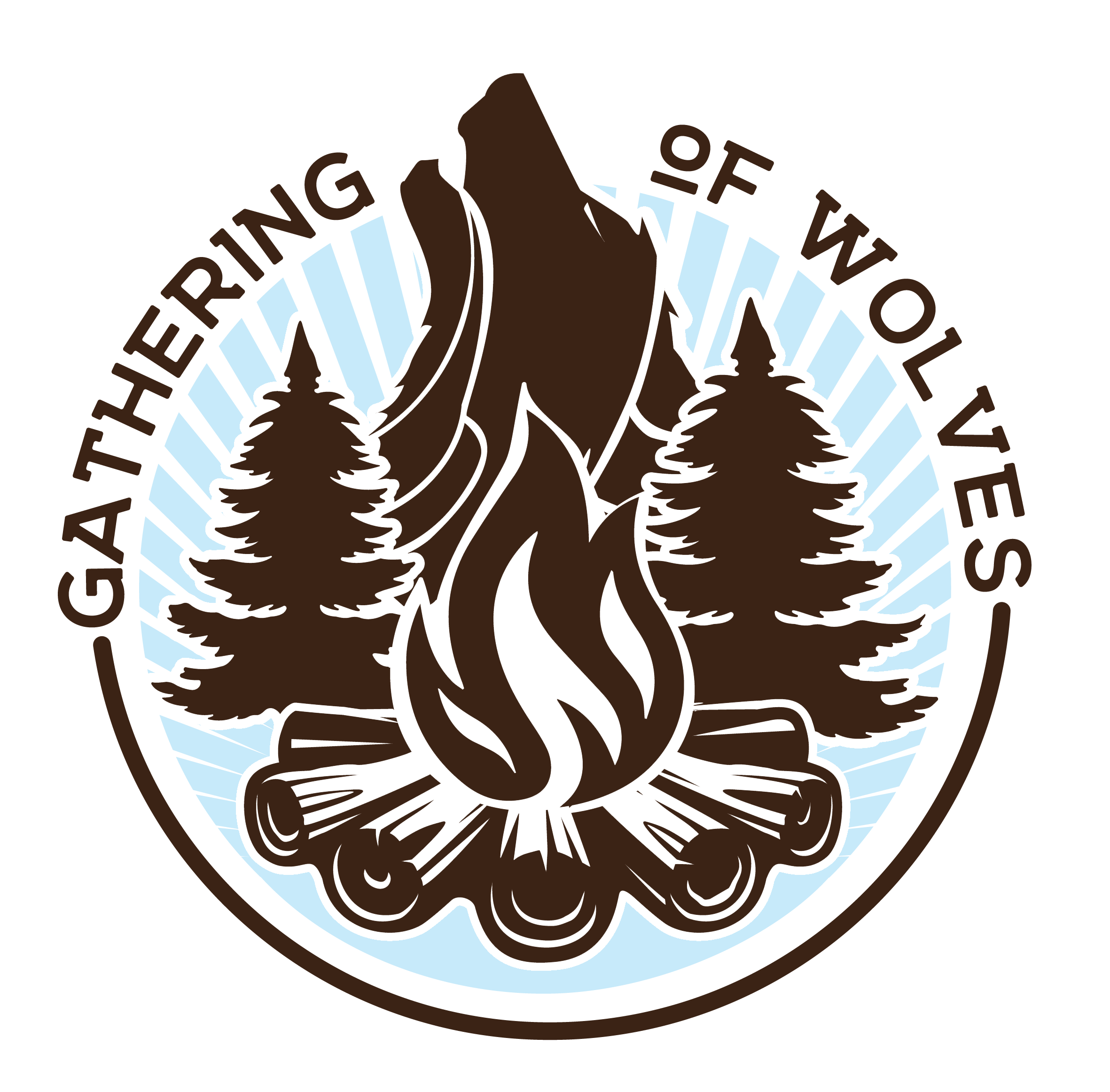 Man Up to Cancer Gathering of Wolves logo, a circular stamp-style design featuring a campfire flanked by two pine trees.