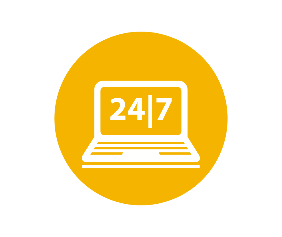 Icon of a laptop with the numbers 24 and 7 on its screen, indicating 24/7 availability, inside a yellow circle.