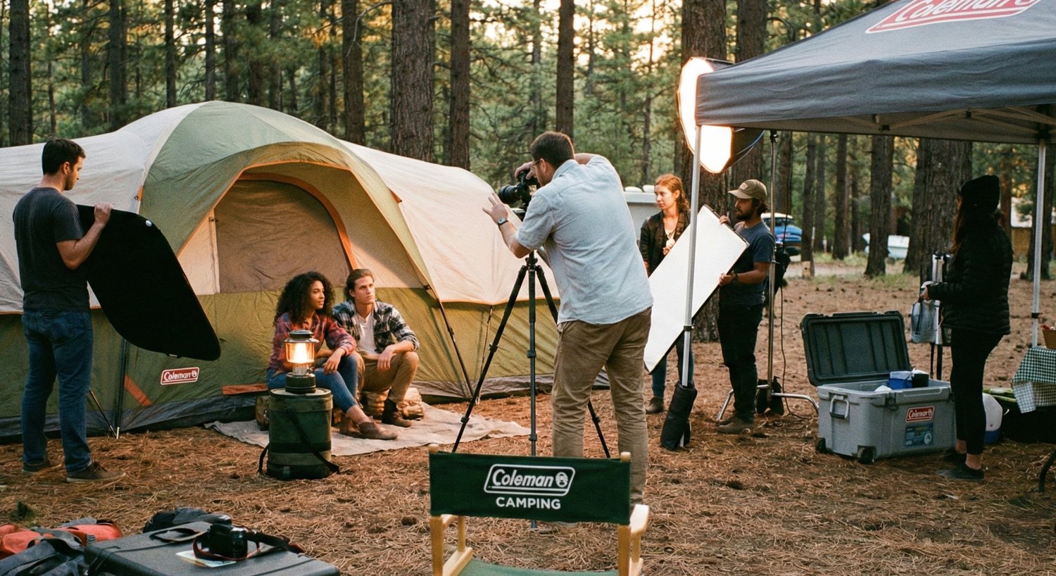 Film crew shooting a scene outdoors in a wooded campsite, with two actors sitting by a tent.