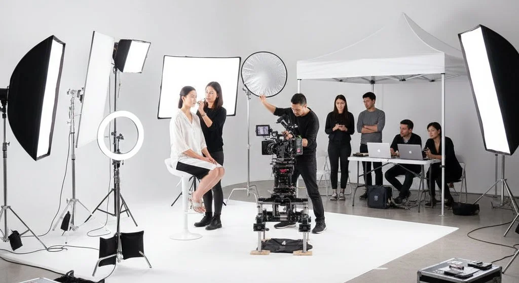 Behind-the-scenes of a photoshoot or video production with a model sitting on a stool, makeup artist applying makeup, camera crew capturing footage, and a team of assistants working on laptops in a studio with lighting equipment.