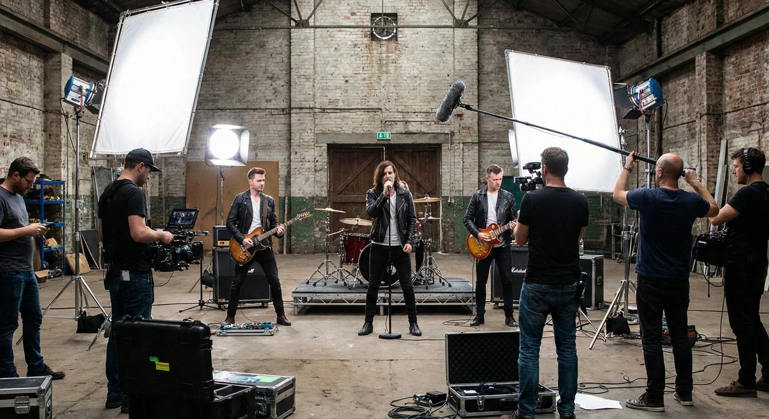 A band is performing on a stage in an industrial-style warehouse with brick walls. Four musicians are on stage playing guitar and drums, with one person singing into a microphone. Crew members are filming the performance with cameras and equipment, a