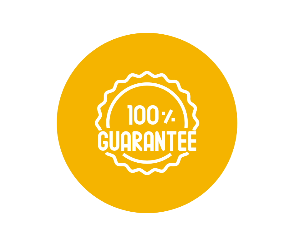 Yellow badge with white outline and text that reads "100% Guarantee."