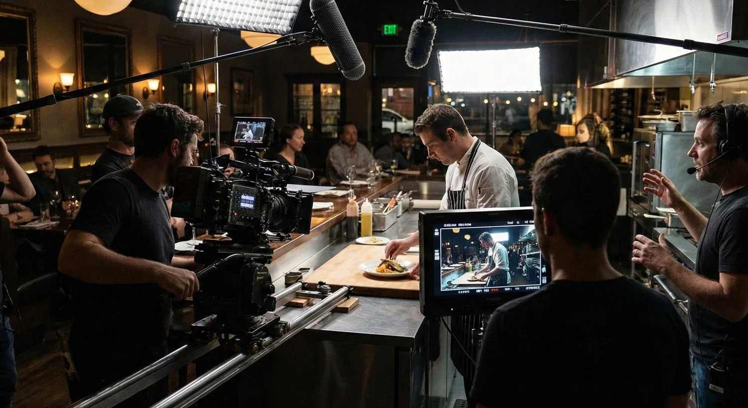 Film crew filming a chef preparing a dish in a restaurant kitchen with dining patrons in the background.