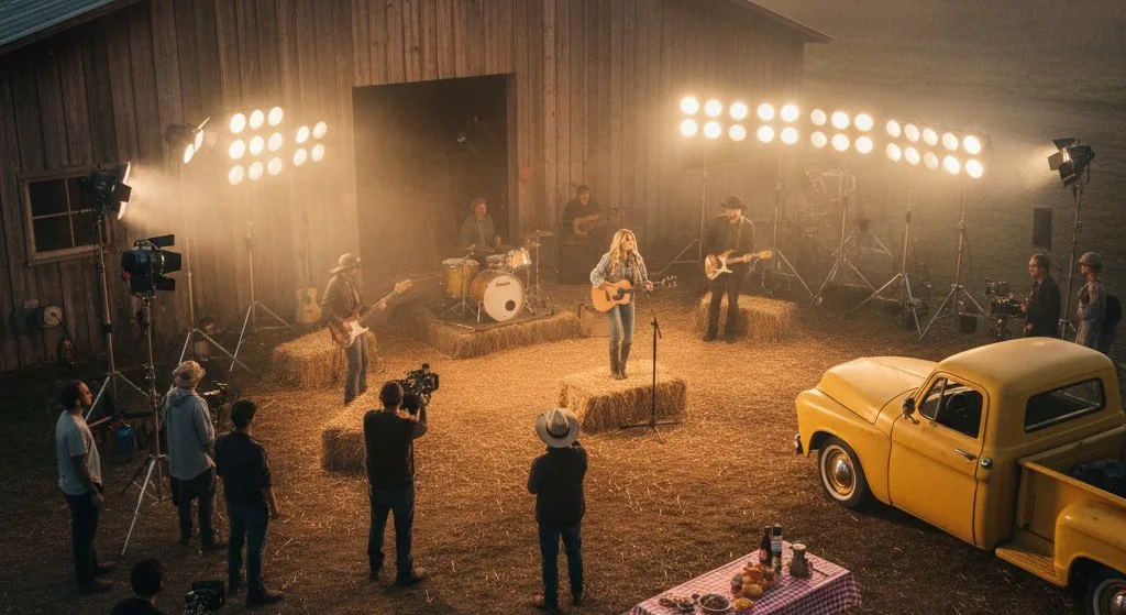 Band performs on a stage inside a barn, with hay bales, a vintage yellow truck, and crew filming, surrounded by bright stage lights and spectators.