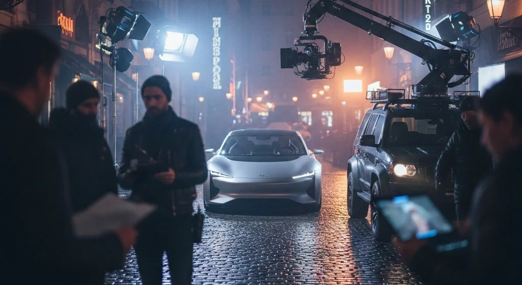 Behind the scenes of a car shoot on a city street at night, with a futuristic-looking silver car, a camera crane, crew members, and lighting equipment.