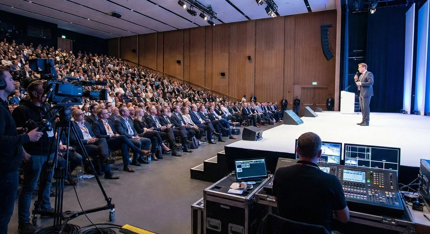 A large conference or seminar with many attendees seated and listening to a speaker on stage, with professional video and audio equipment visible.