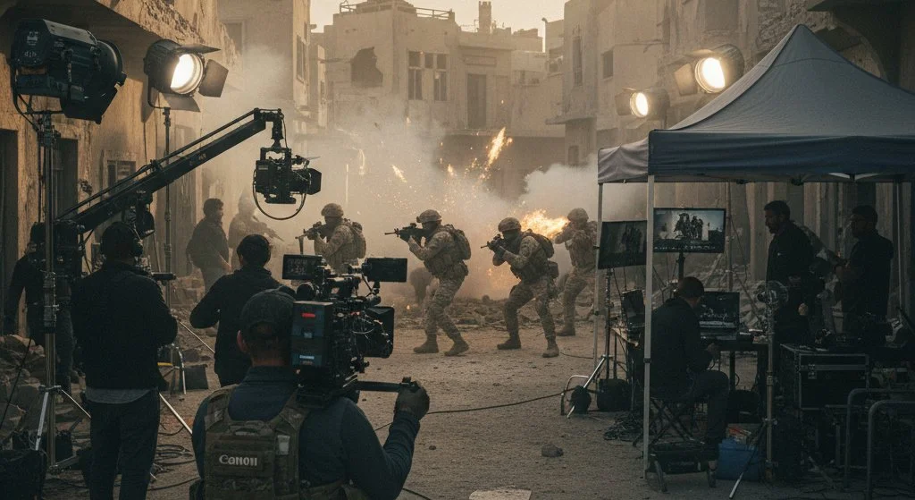 Filming a war movie on a city street with actors in military gear, explosions, and filming equipment.